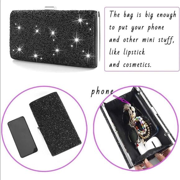 Black Crystal Purse with Crystals on Front and Back & silver detachable chain - Picture 5 of 5
